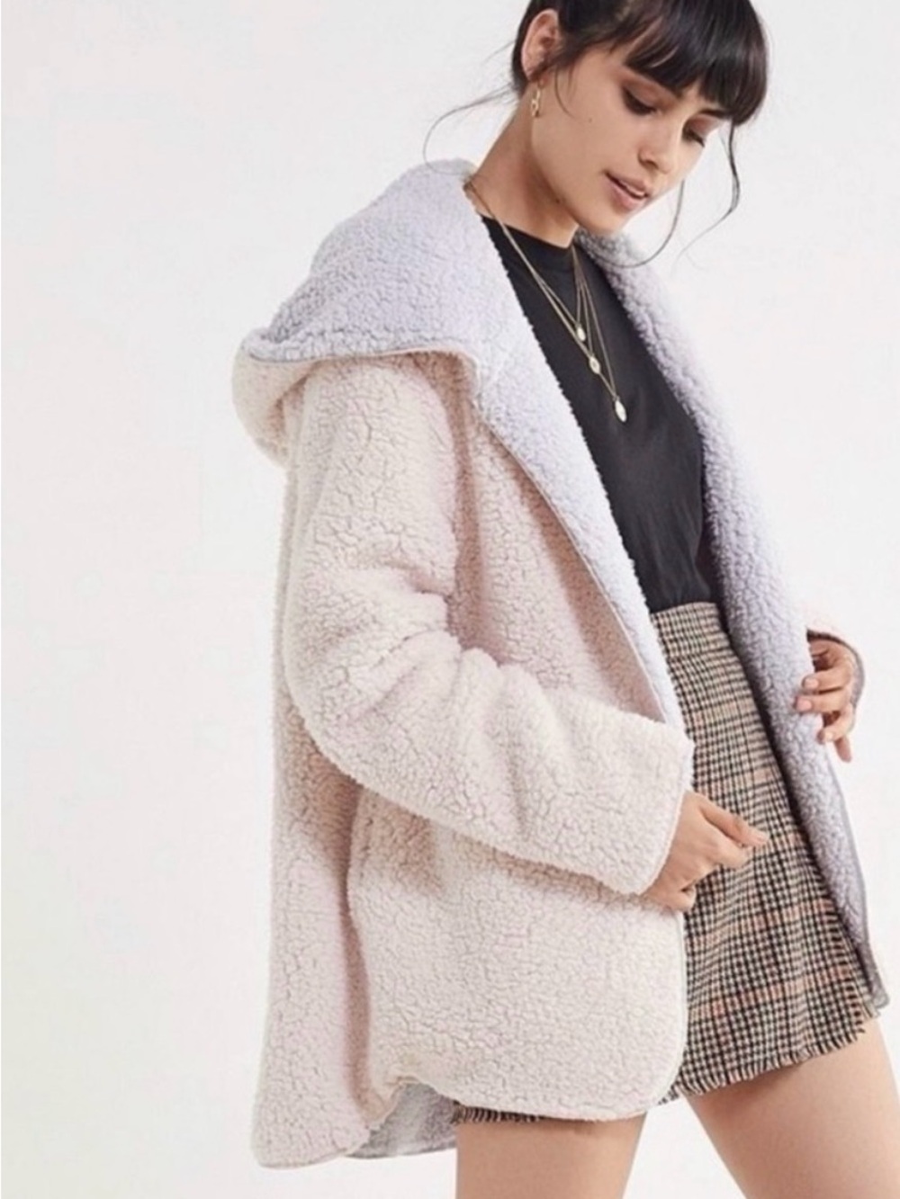 Urban Outfitters Carmella Reversible Cream & Light Gray Sherpa Hooded Coat